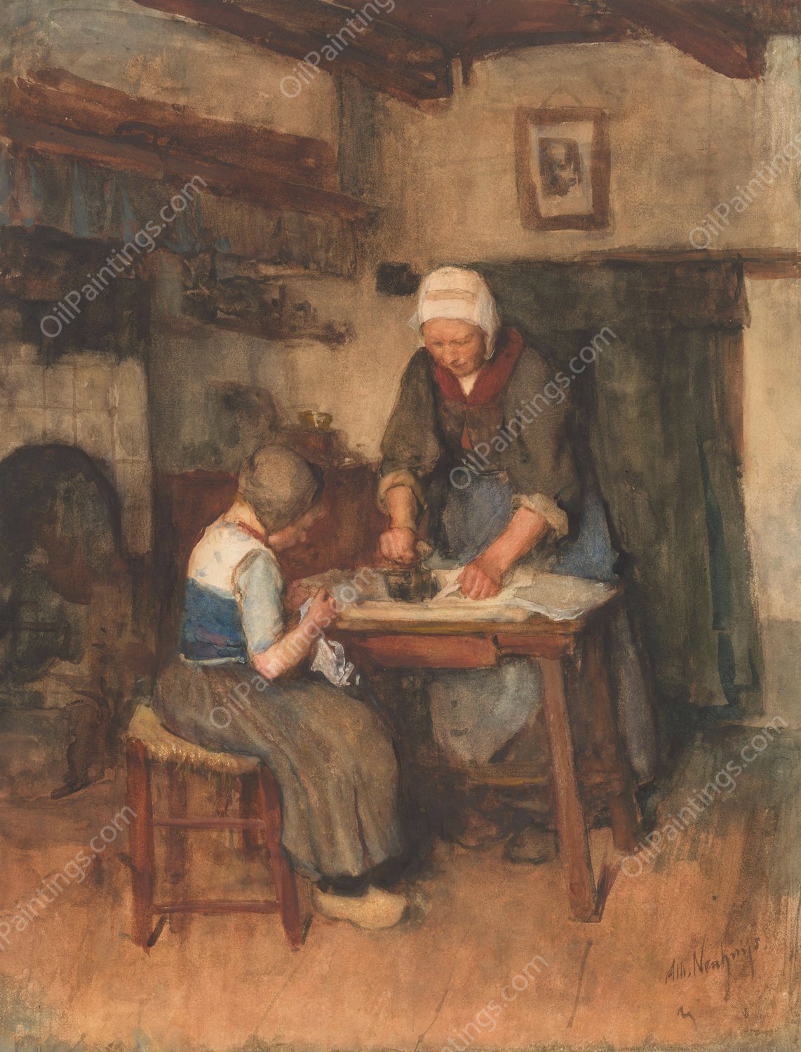 Interieur met strijkende vrouw en naaiend kind  by Albert Neuhuys - Hand-Painted Oil Painting Reproduction