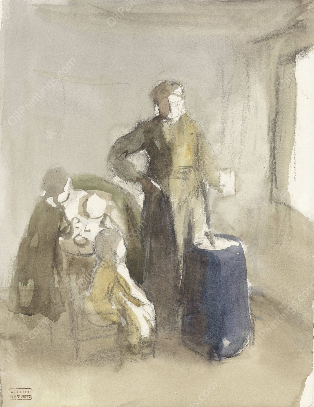 Interieur met vrouw en kinderen bij een karnton  by Albert Neuhuys - Hand-Painted Oil Painting Reproduction