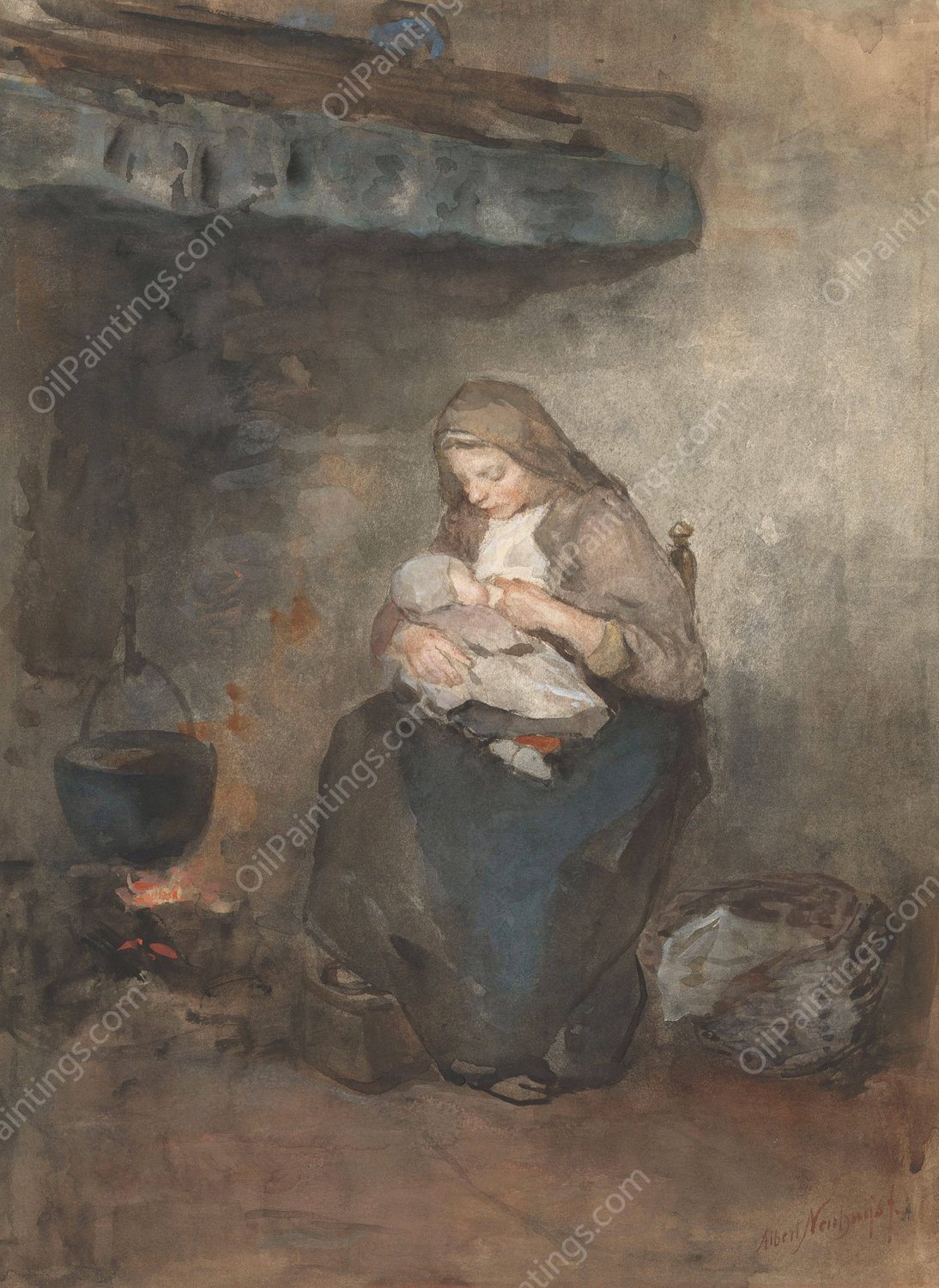 Moeder zoogt haar kind bij de haard  by Albert Neuhuys - Hand-Painted Oil Painting Reproduction