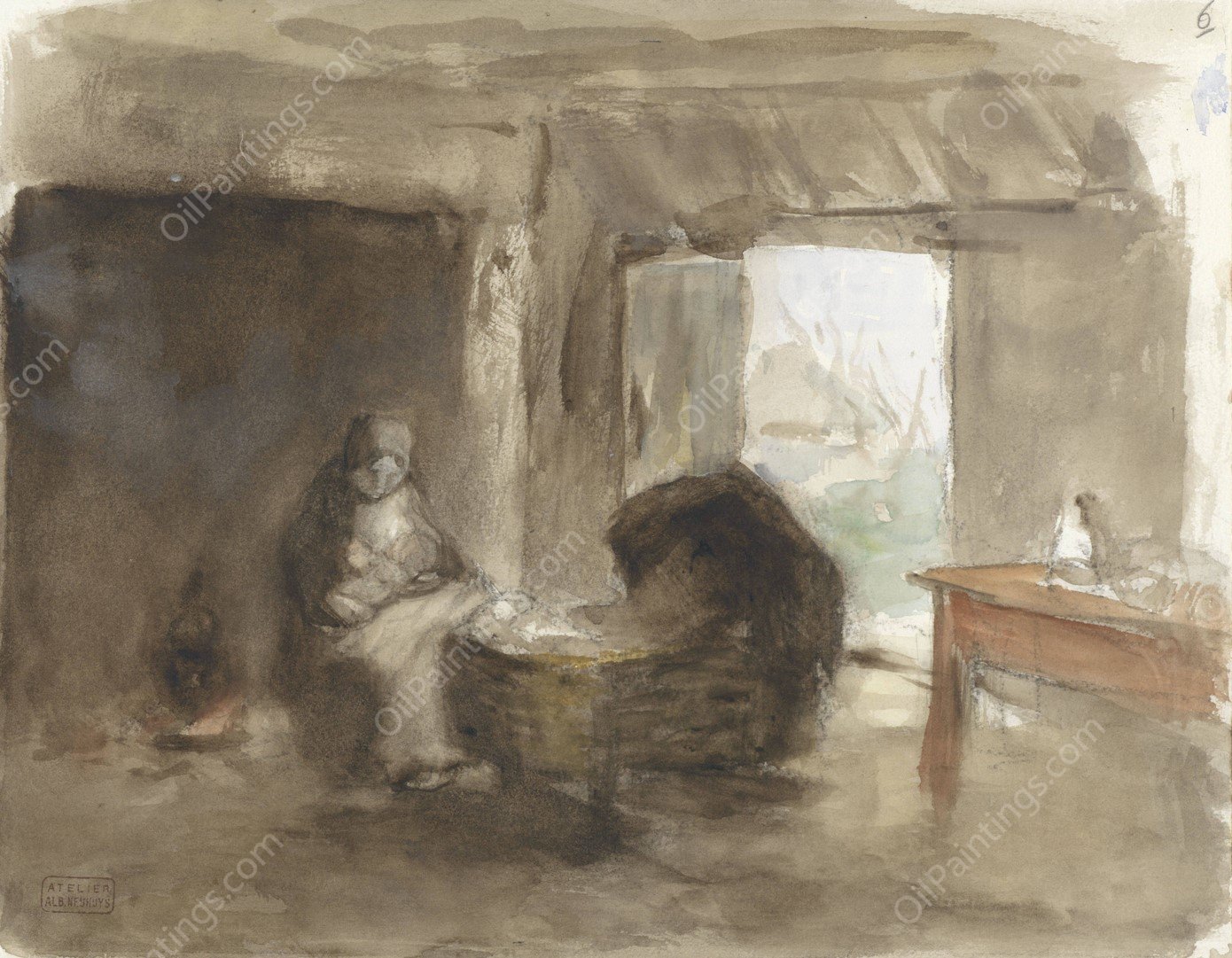 Vrouw met kind bij een wieg  by Albert Neuhuys - Hand-Painted Oil Painting Reproduction