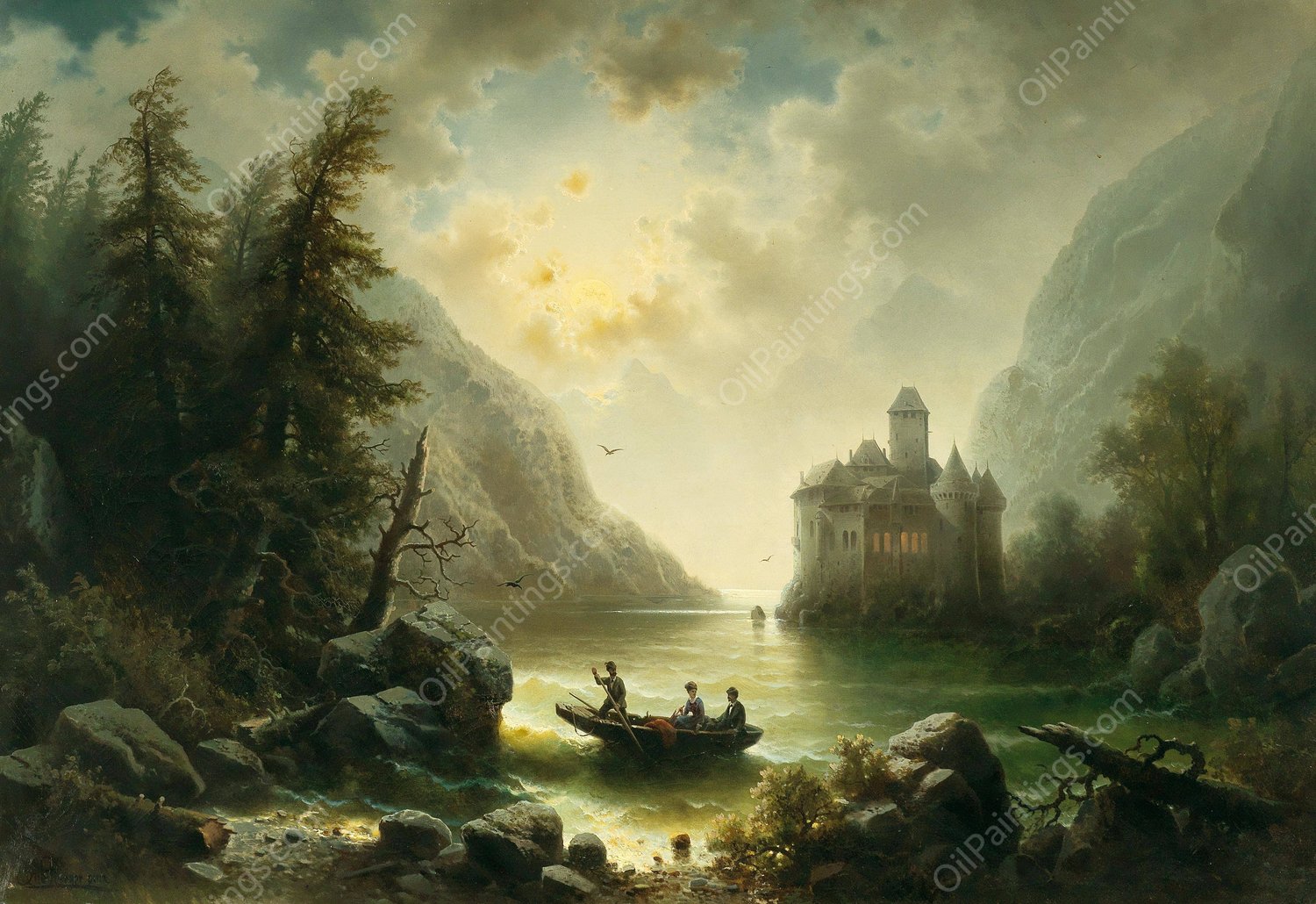 Crossing In A Moonlit Night by Albert Rieger - Hand-Painted Oil Painting Reproduction