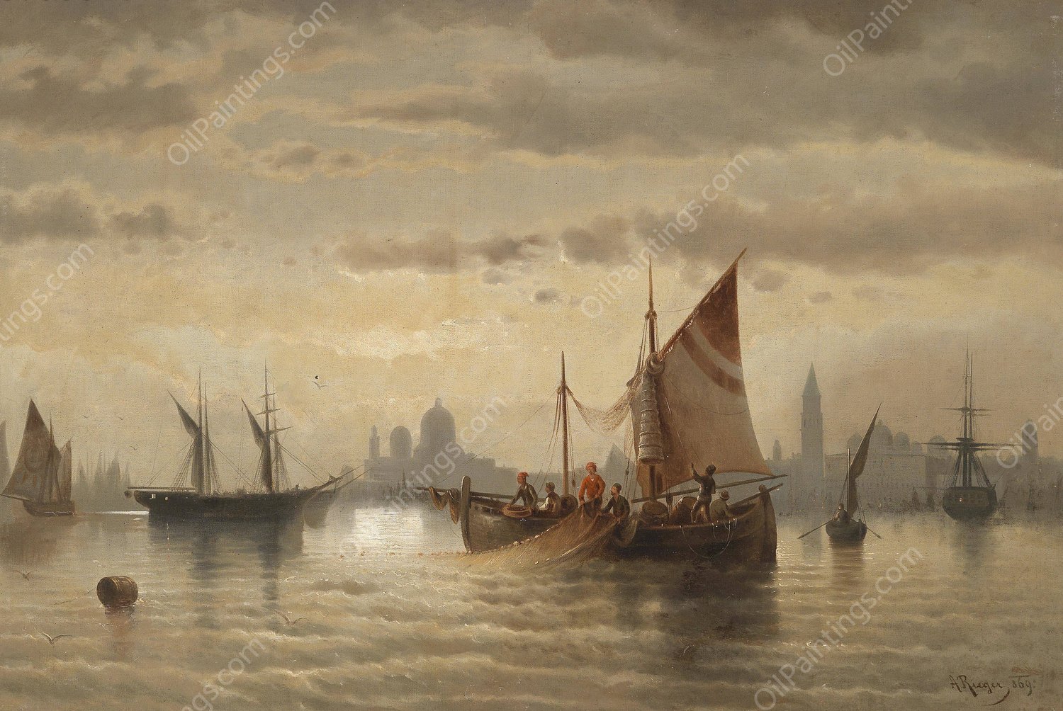 Segelschiffe Vor Venedig  by Albert Rieger - Hand-Painted Oil Painting Reproduction