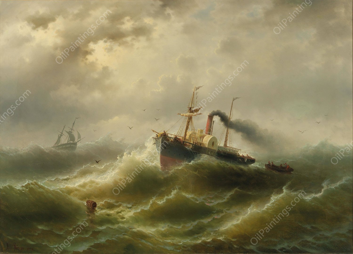 Steamboat In A Storm On The North Sea by Albert Rieger - Hand-Painted Oil Painting Reproduction