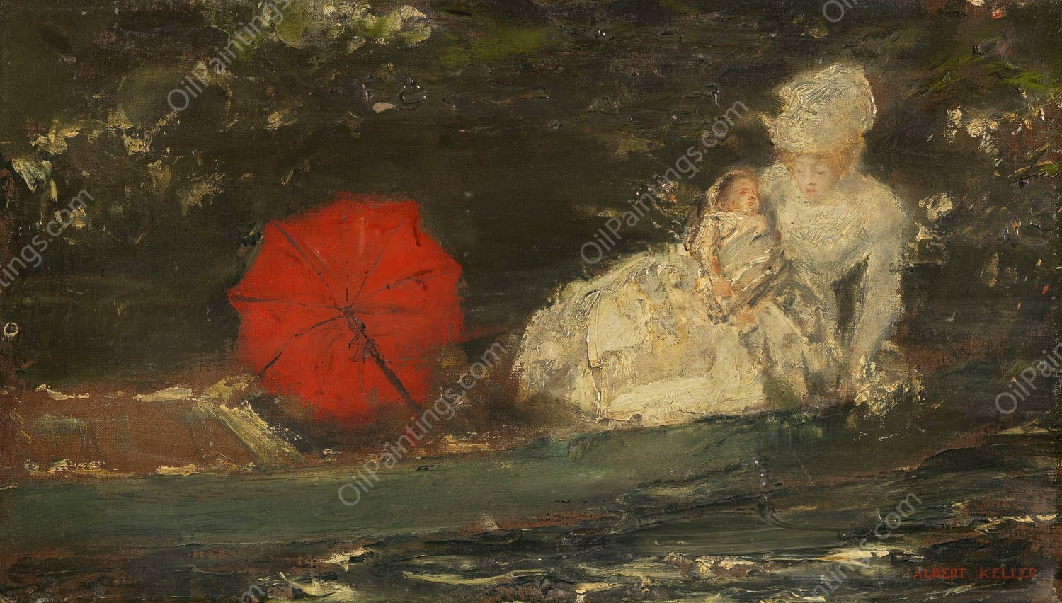 Frau und Kind im Freien mit rotem Parasol  by Albert Von Keller - Hand-Painted Oil Painting Reproduction