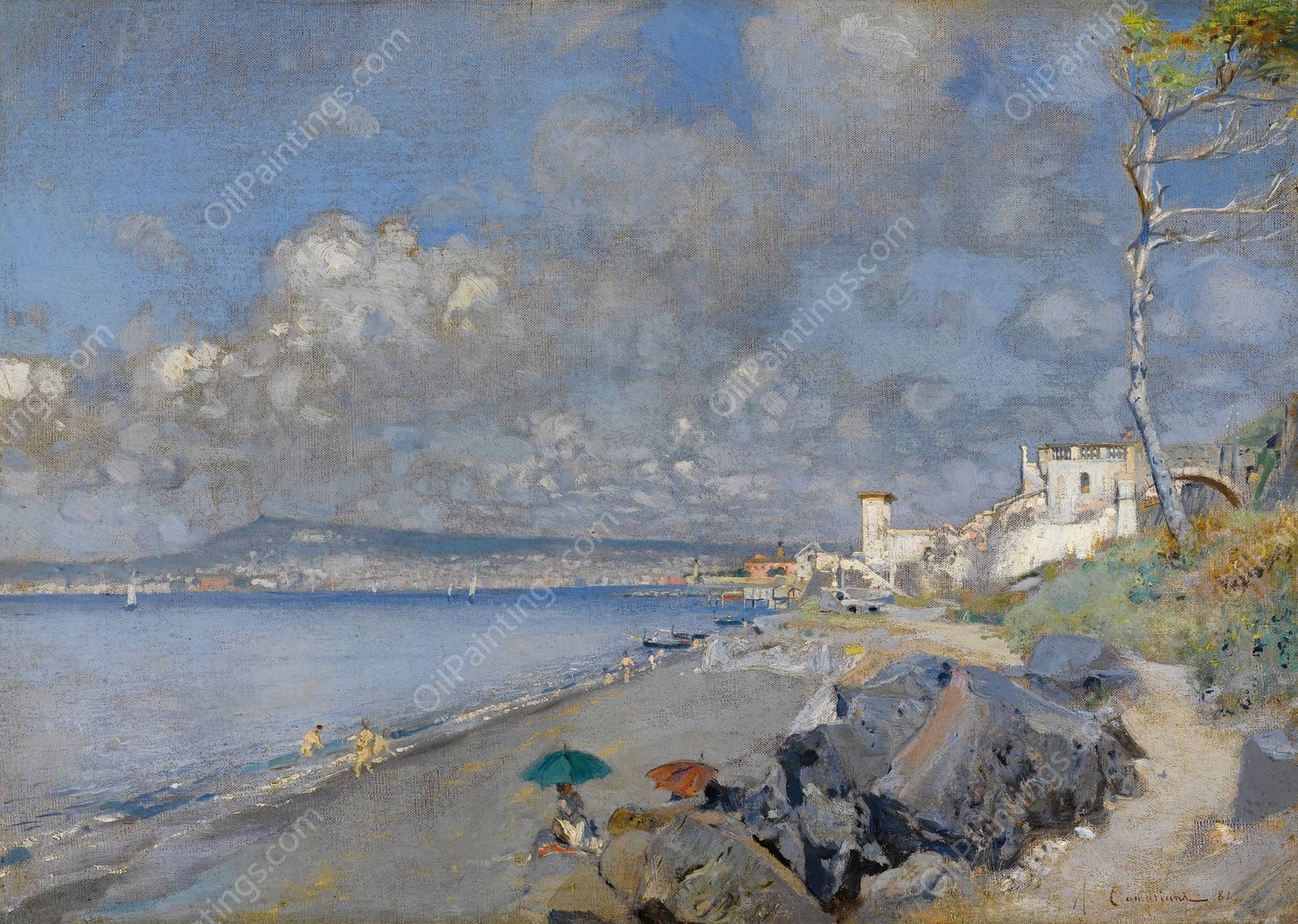 Spiaggia Di San Giovanni A Teduccio  by Alceste Campriani - Hand-Painted Oil Painting Reproduction