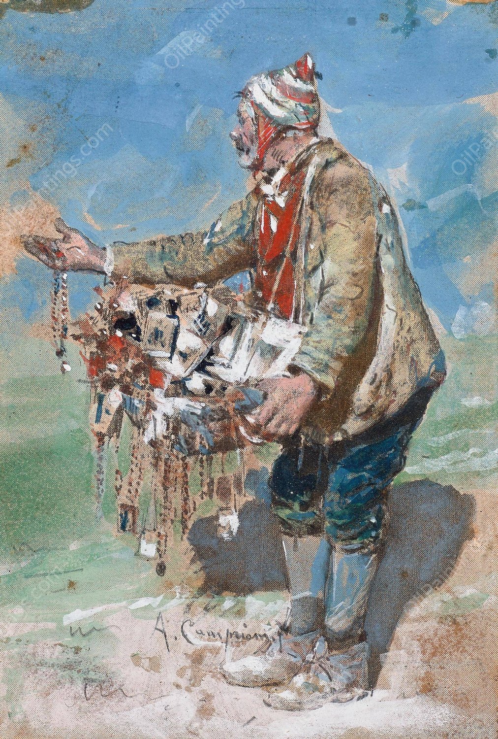 The Souvenir Seller in Montevergine by Alceste Campriani - Hand-Painted Oil Painting Reproduction