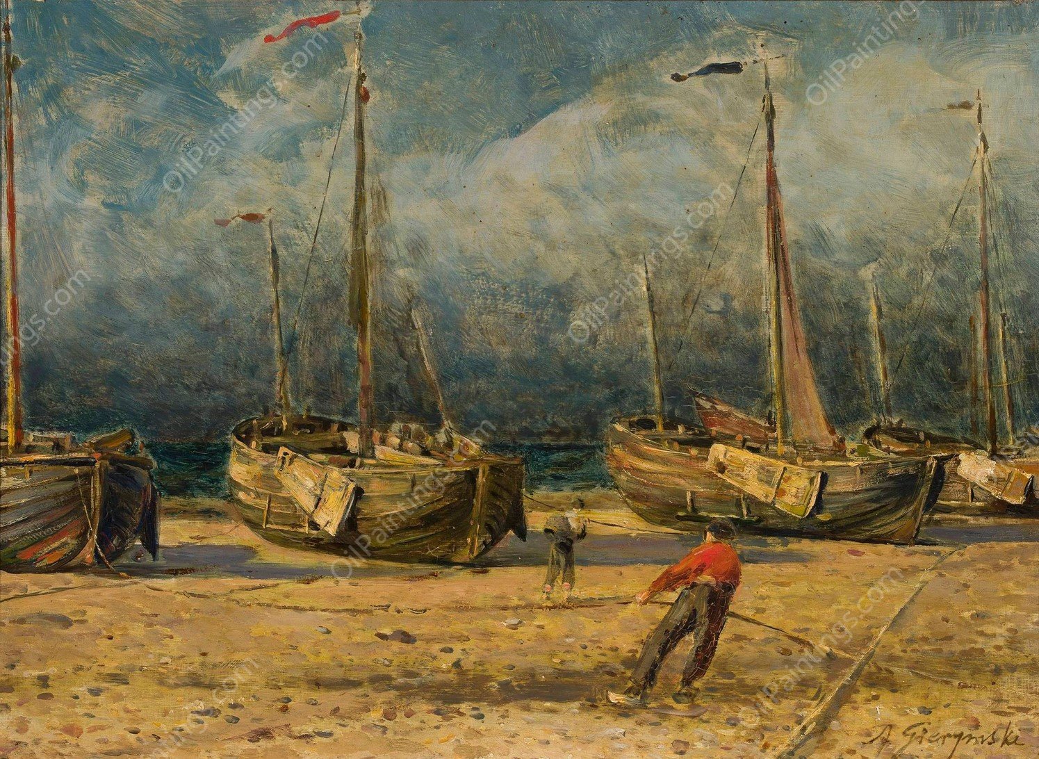Fishing boats at the seaside  by Aleksander Gierymski - Hand-Painted Oil Painting Reproduction