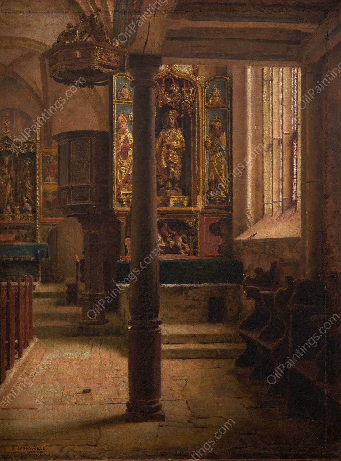 Interior of St Wolfgang's Church in Rothenburg  by Aleksander Gierymski - Hand-Painted Oil Painting Reproduction