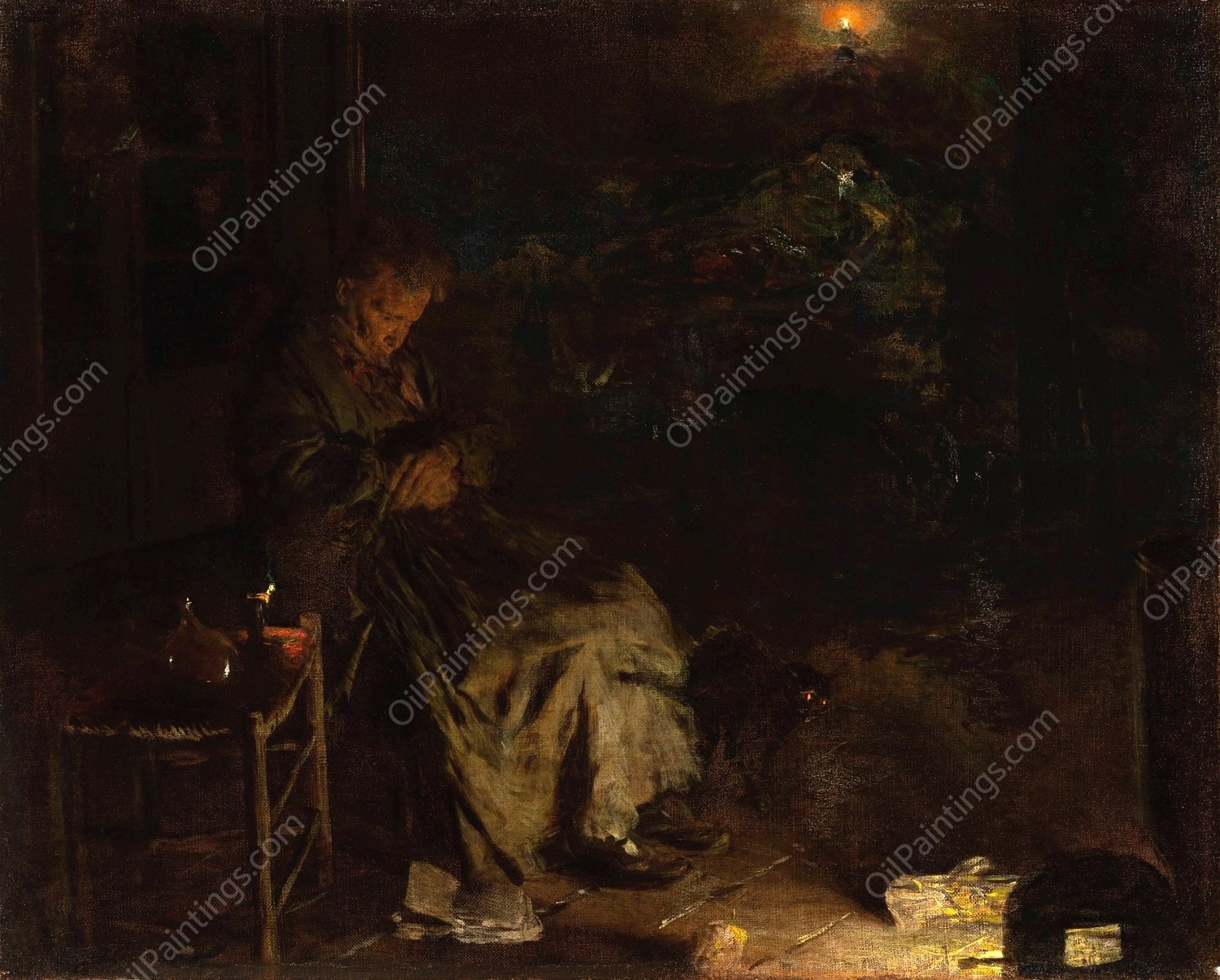 Old Woman Watching over a Dead Body I  by Aleksander Gierymski - Hand-Painted Oil Painting Reproduction