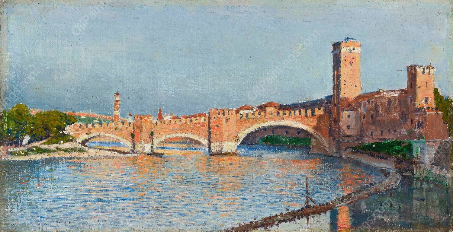 Scaliger Bridge in Verona  by Aleksander Gierymski - Hand-Painted Oil Painting Reproduction