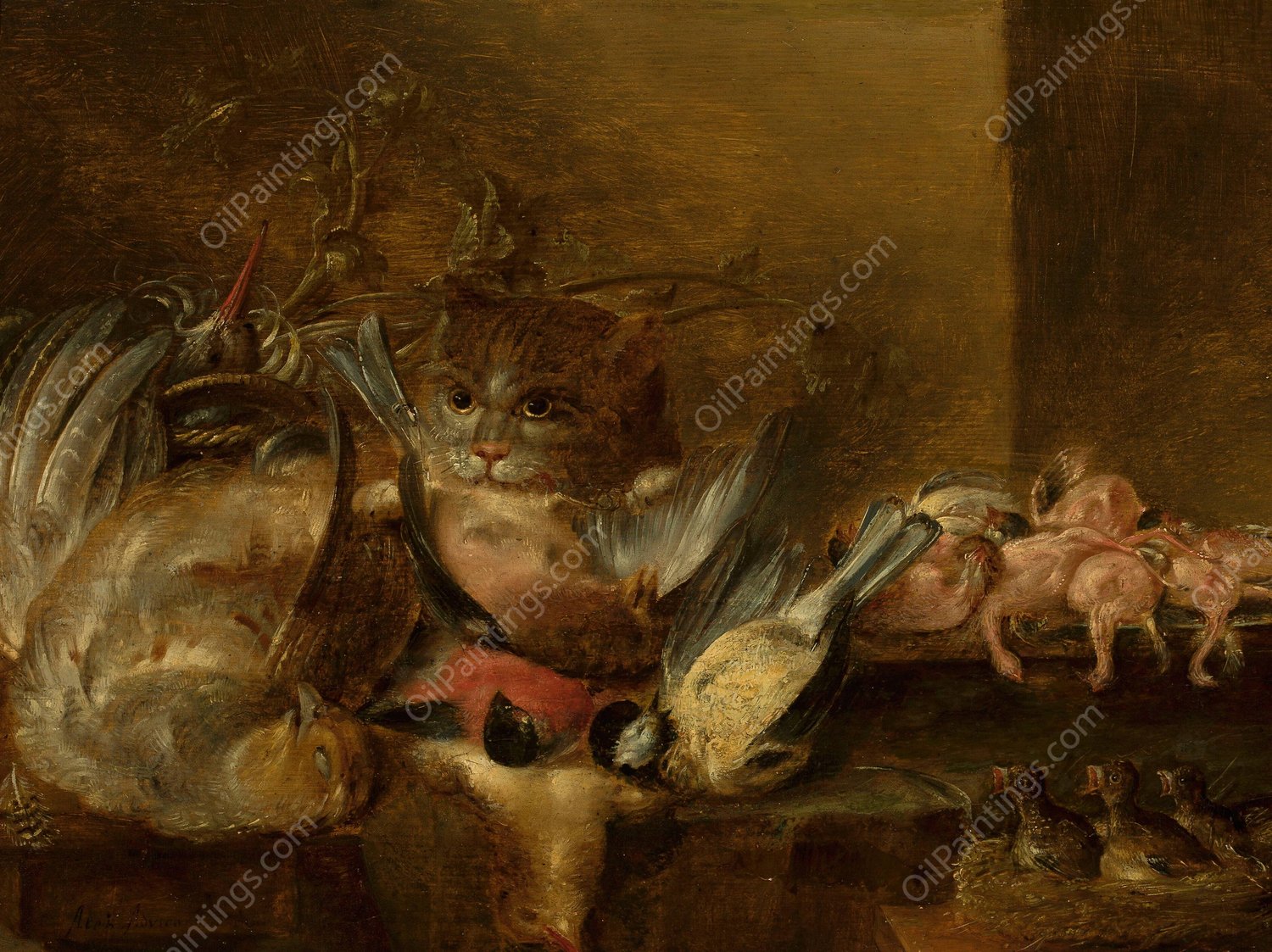 Dead birds and a cat by Alexander Adriaenssen - Hand-Painted Oil Painting Reproduction