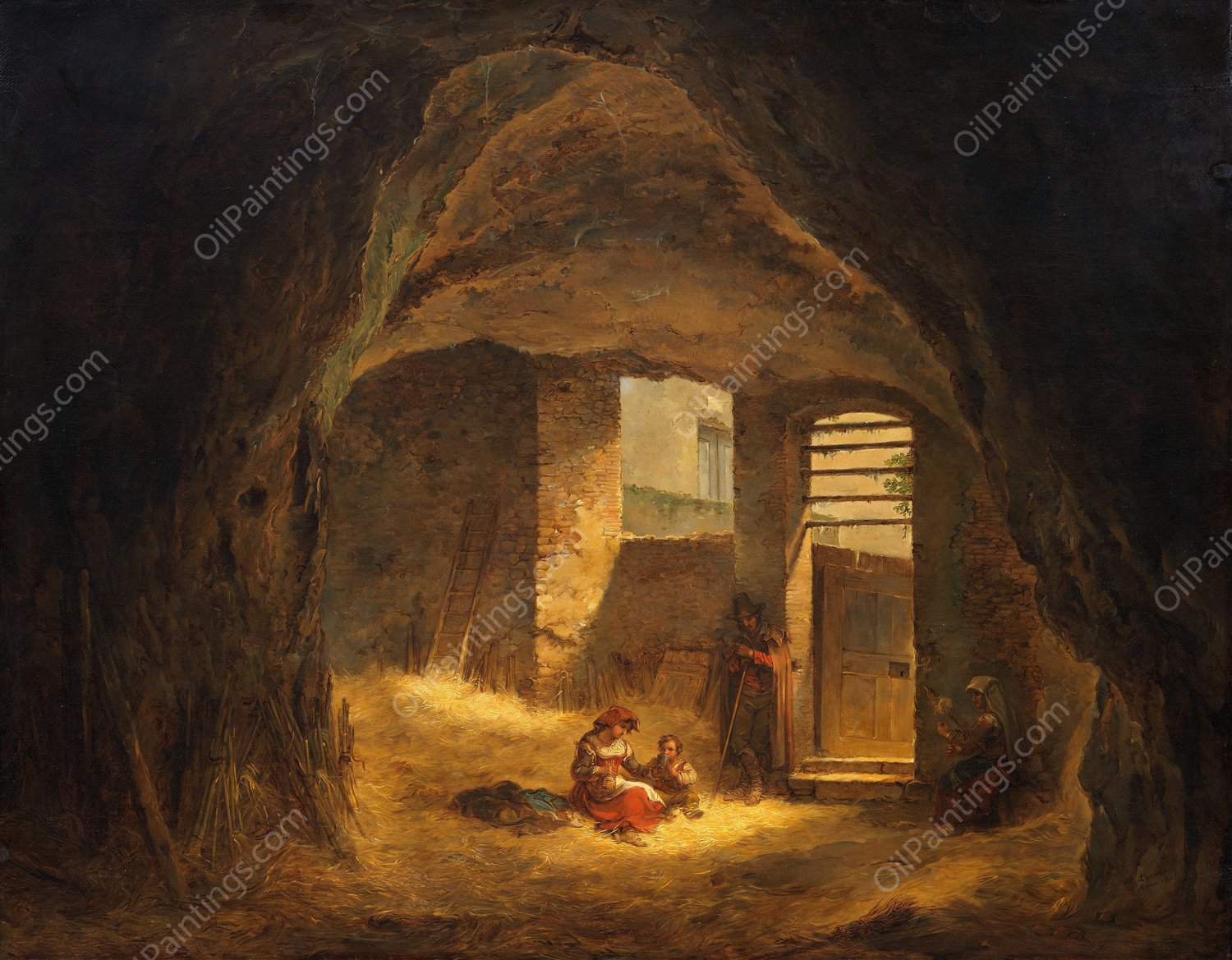 Italian Peasants in a Grotto  by Alexander Laureus - Hand-Painted Oil Painting Reproduction