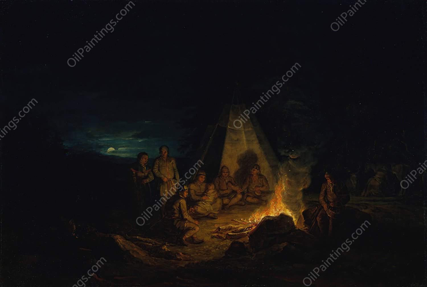 Laplanders Around A Fire  by Alexander Laureus - Hand-Painted Oil Painting Reproduction