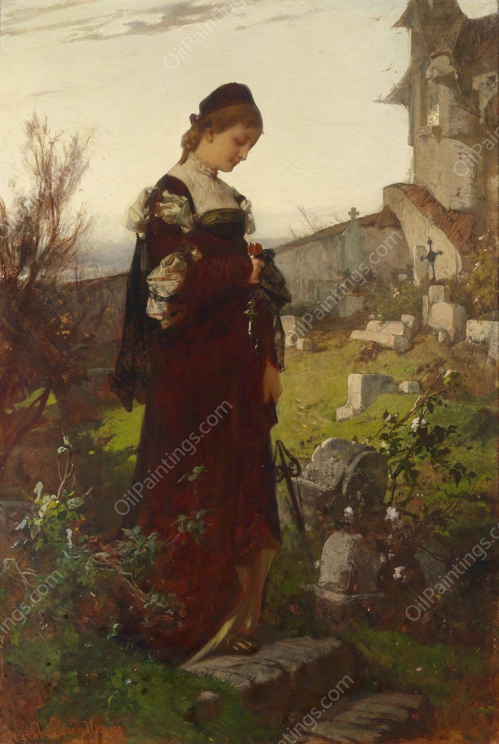 Madchen auf einem Friedhof by Alexander Von Liezen-Mayer - Hand-Painted Oil Painting Reproduction