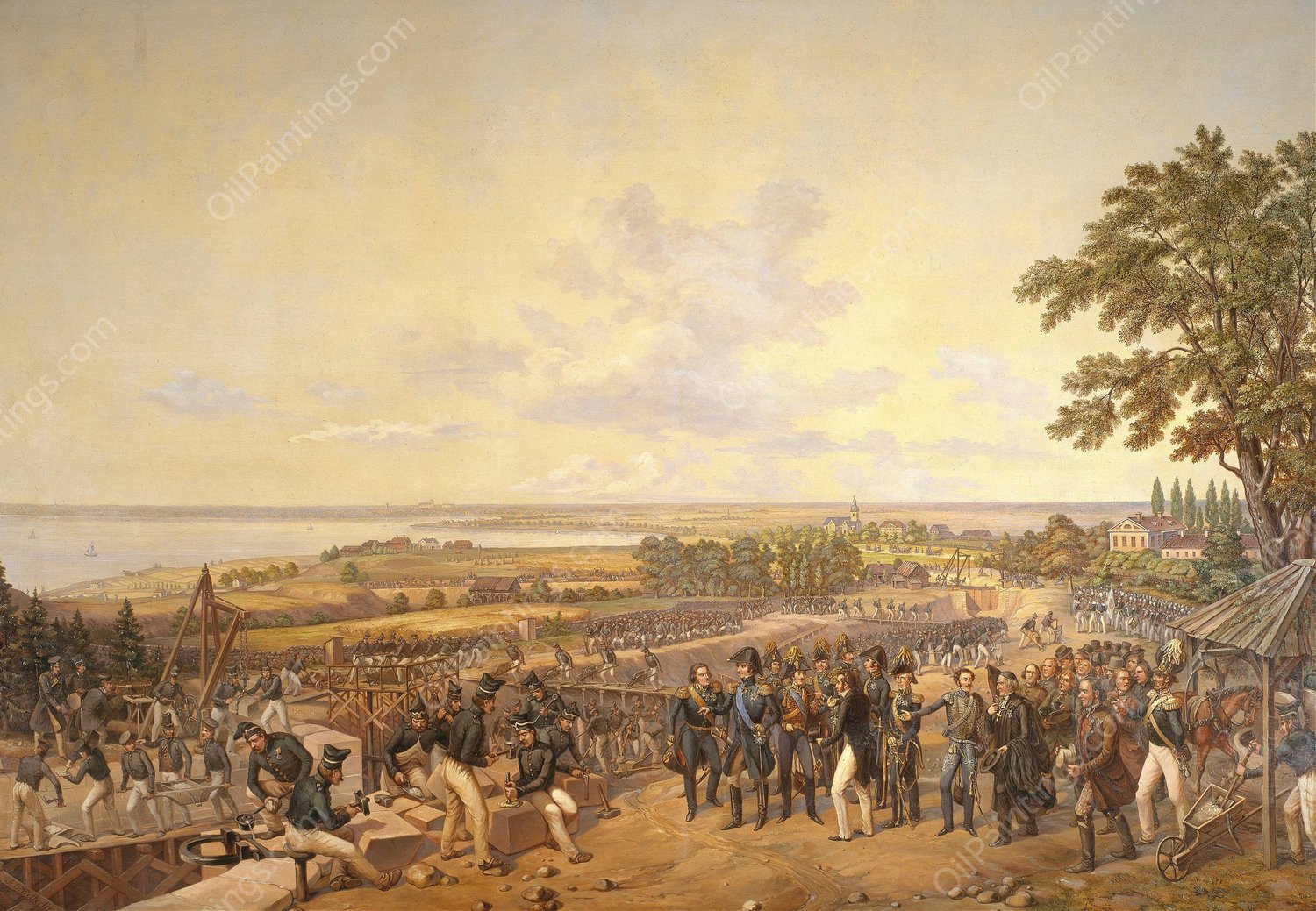 King Carl XIV Johan of Sweden Visiting the Canal Locks at Berg in 1819  by Alexander Wetterling - Hand-Painted Oil Painting Reproduction