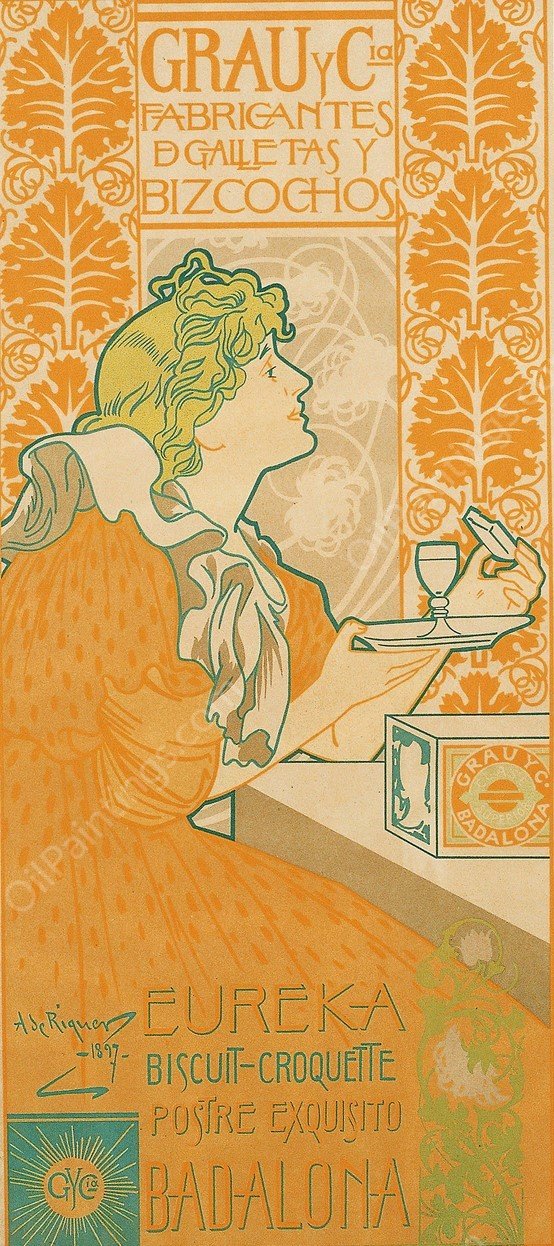 Grau Y Cia Fabricantes De Galletas Y Bizcochos  by Alexandre De Riquer - Hand-Painted Oil Painting Reproduction