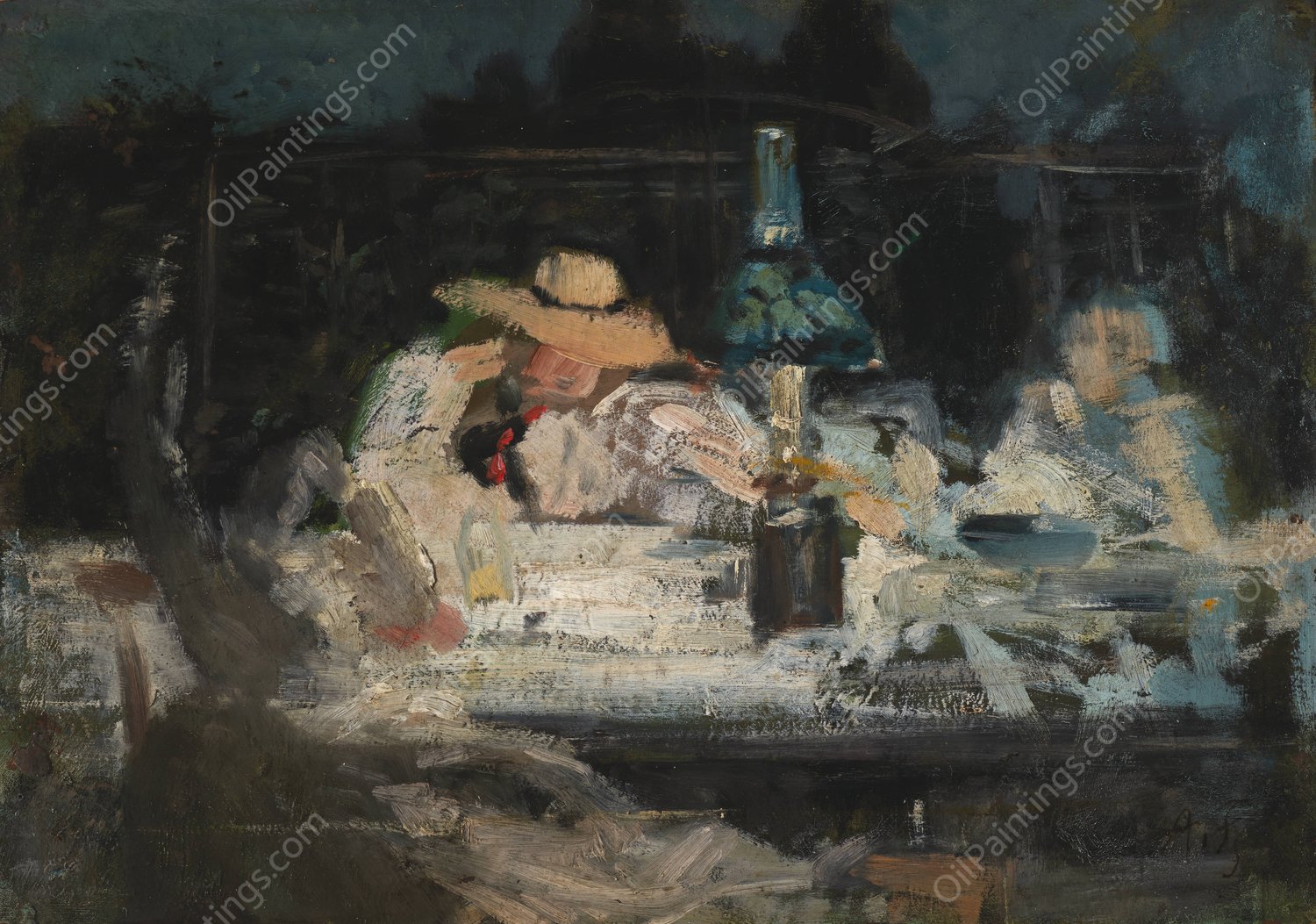 Figures Seated Around a Lamp by Alexandre Falguiere - Hand-Painted Oil Painting Reproduction