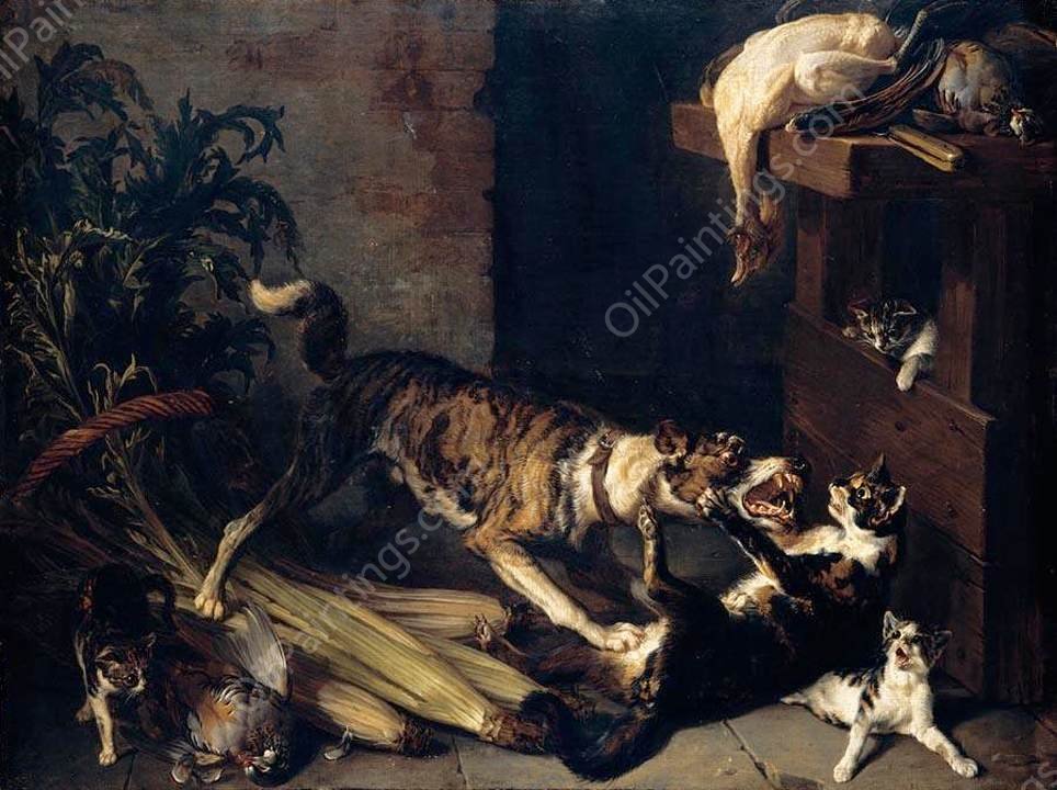 A Dog and a Cat Fighting in a Kitchen Interior by Alexandre-Francois Desportes - Hand-Painted Oil Painting Reproduction