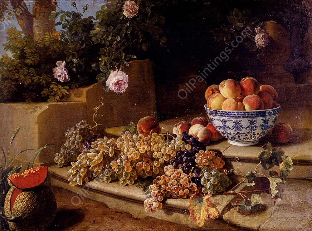 Still Life of Grapes, Peaches in a Blue and White Porcelain Bowl and a Melon, Resting on a Stone Stairway by Alexandre-Francois Desportes - Hand-Painted Oil Painting Reproduction