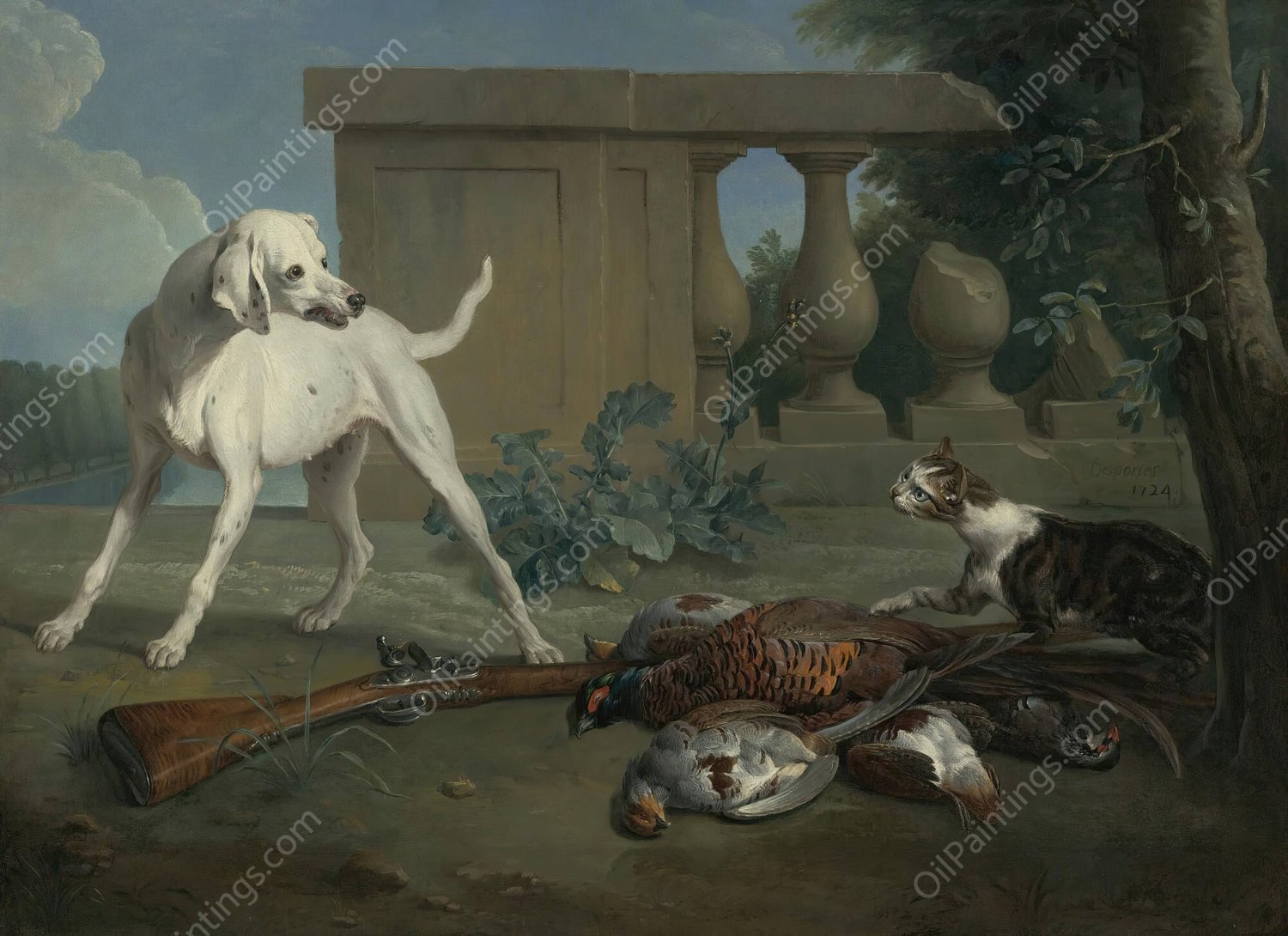 A Hound Protecting A Bag Of Game From A Cat  by Alexandre Francois Desportes - Hand-Painted Oil Painting Reproduction