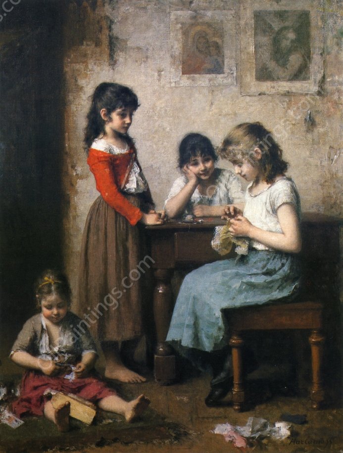 The Young Seamstress by Alexei Harlamoff - Hand-Painted Oil Painting Reproduction