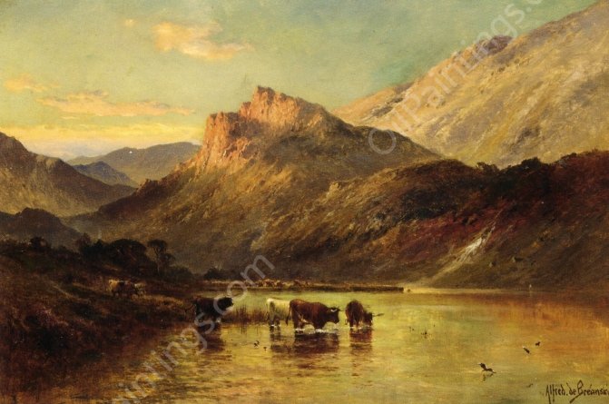 Cattle Watering in a Mountainous Landscape by Alfred De Breanski Snr - Hand-Painted Oil Painting Reproduction