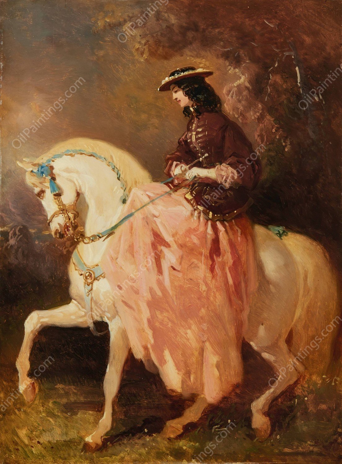 Amazone au petit canotier, veste rouge, jupe rose, une cravache sur un cheval gris aux rubans bleus by Alfred De Dreux - Hand-Painted Oil Painting Reproduction