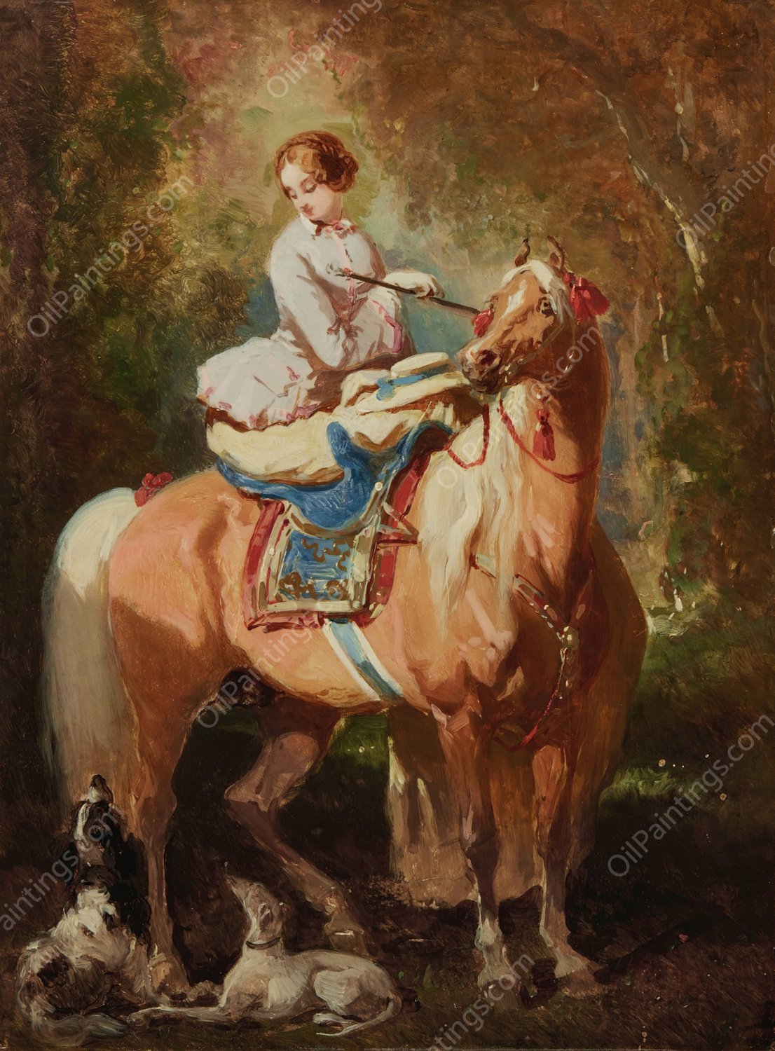 Amazone blonde regardant deux chiens et un cheval Alezan Clair by Alfred De Dreux - Hand-Painted Oil Painting Reproduction