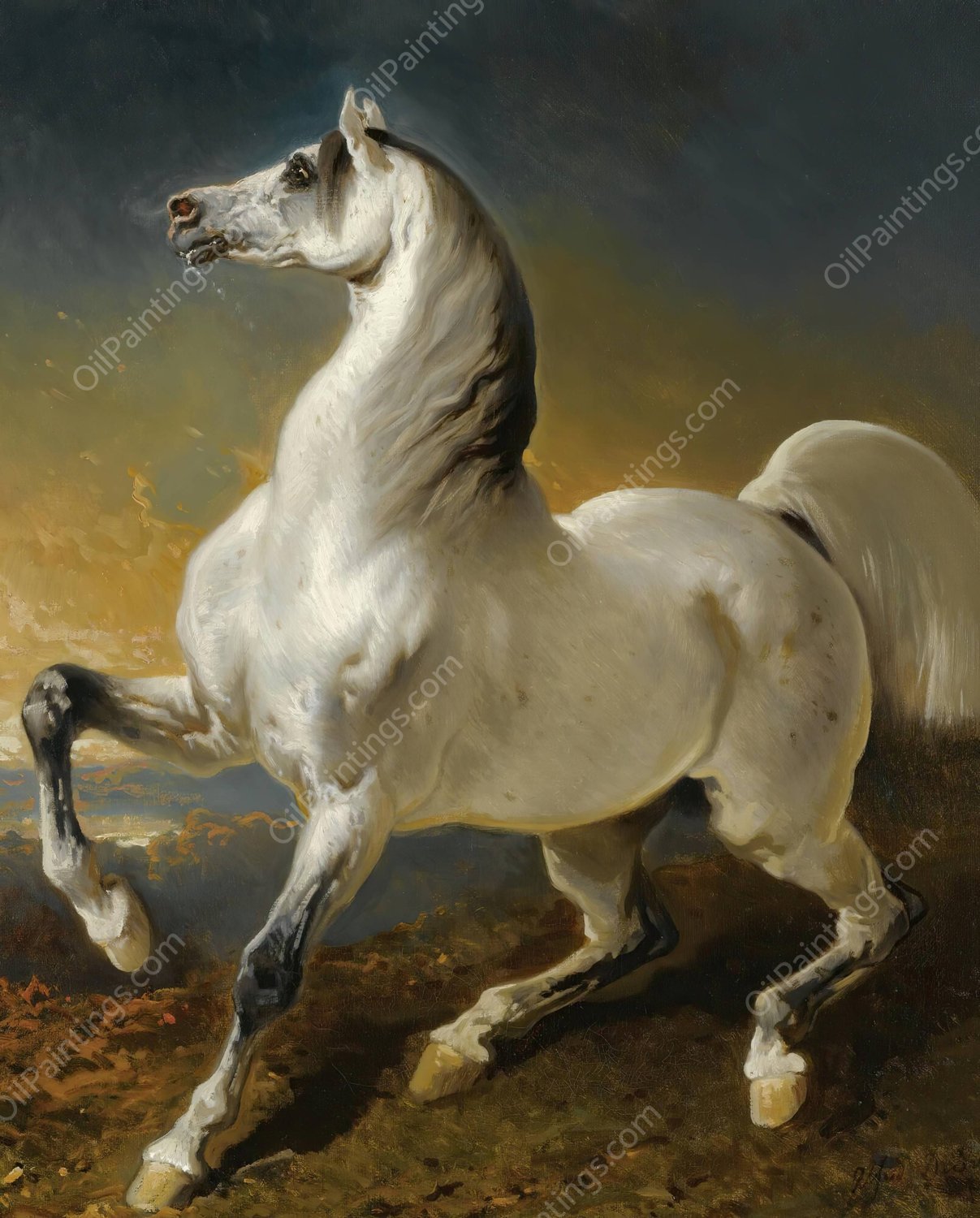 Etalon Gris Effraye Par L'orage by Alfred De Dreux - Hand-Painted Oil Painting Reproduction