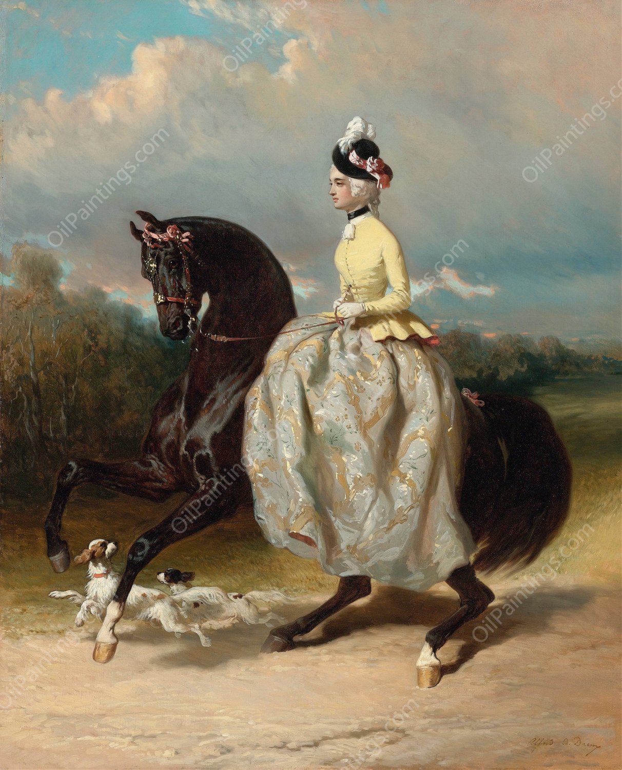 Femme En Costume Marie Antoinette Sur Un Cheval Caracolant by Alfred De Dreux - Hand-Painted Oil Painting Reproduction