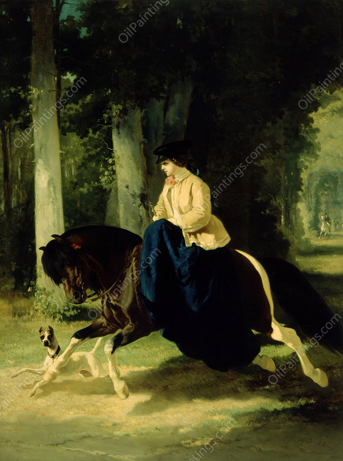Mademoiselle De Mossellmann Riding In The Bois De Boulogne, Paris  by Alfred De Dreux - Hand-Painted Oil Painting Reproduction