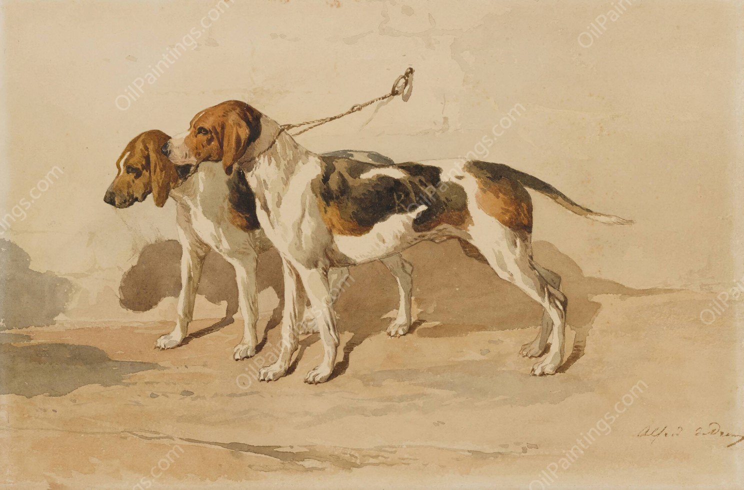Two Beagles by Alfred De Dreux - Hand-Painted Oil Painting Reproduction