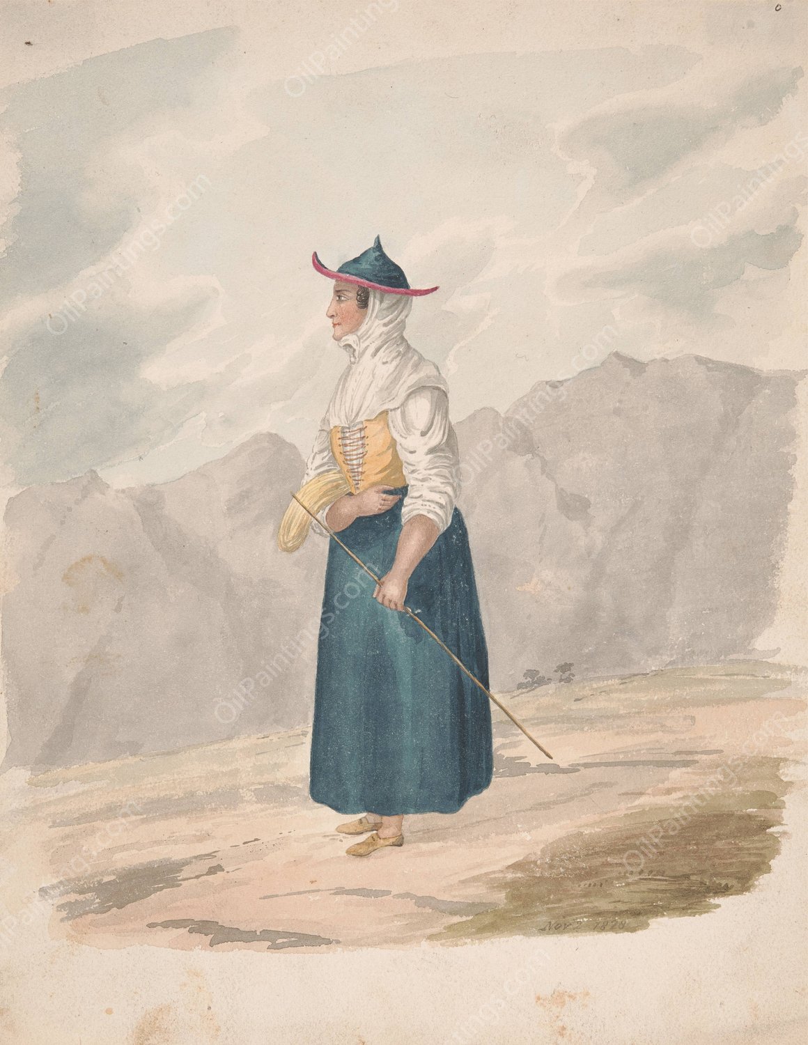 Peasant Woman with Staff, La Palma  by Alfred Diston - Hand-Painted Oil Painting Reproduction