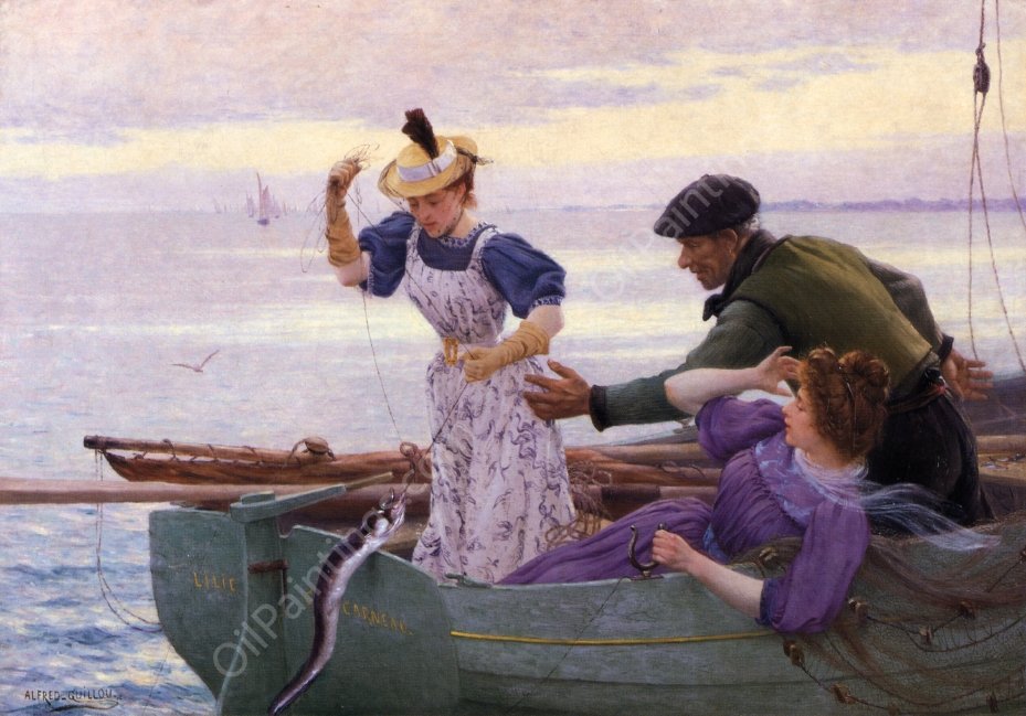 Her First Catch by Alfred Guillou - Hand-Painted Oil Painting Reproduction