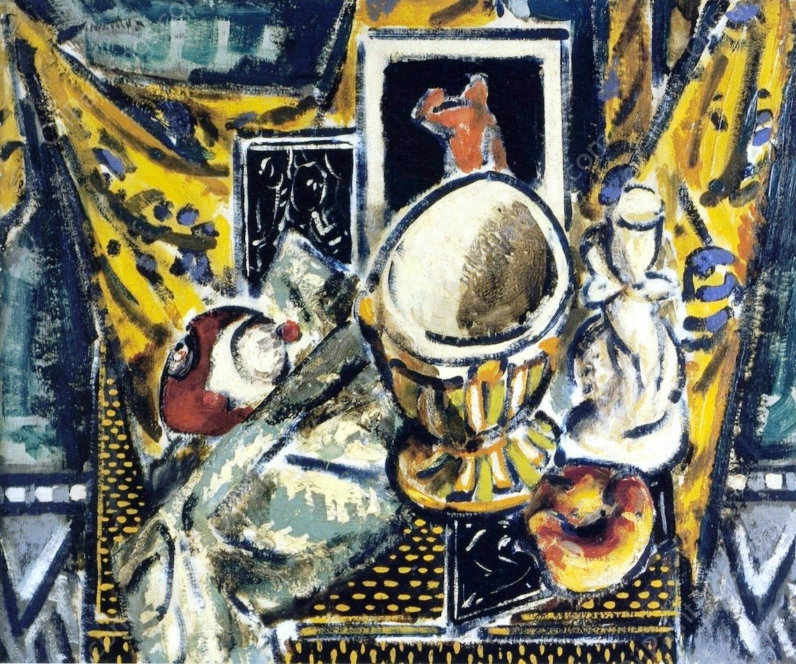 Still Life with Candlestick, Brass Bowl, and Yellow Drape by Alfred Henry Maurer - Hand-Painted Oil Painting Reproduction
