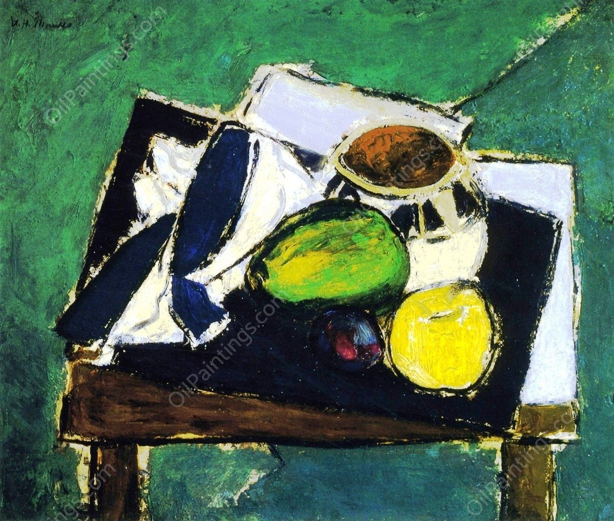 Still Life with Ceramic Bowl on Green Background by Alfred Henry Maurer - Hand-Painted Oil Painting Reproduction