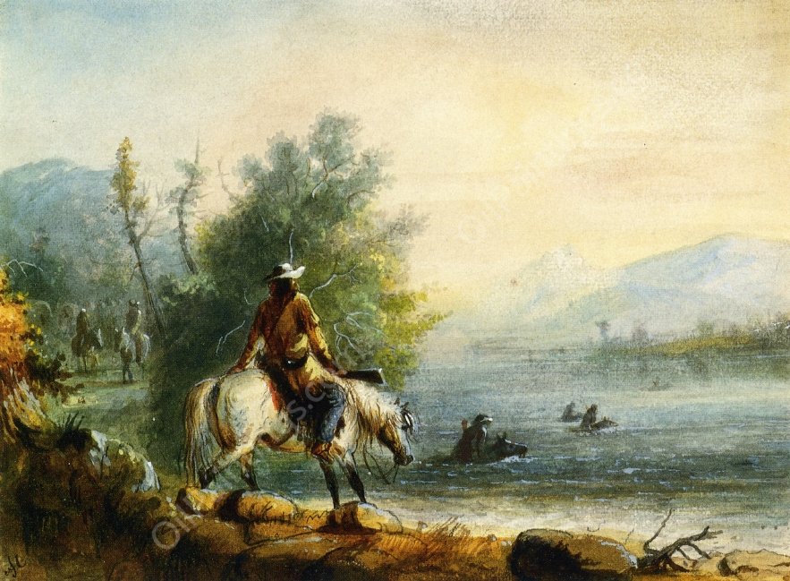 Fording the River by Alfred Jacob Miller - Hand-Painted Oil Painting Reproduction