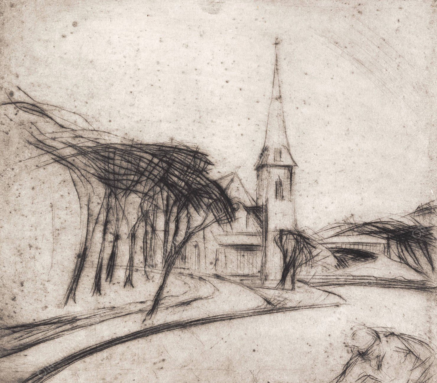 Vej med kirke  by Alfred Simonsen - Hand-Painted Oil Painting Reproduction