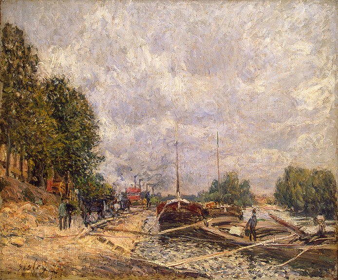 Barges at Billancourt by Alfred Sisley - Hand-Painted Oil Painting Reproduction