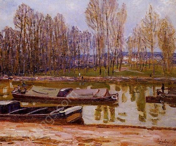 Barges on the Loing Canal, Spring by Alfred Sisley - Hand-Painted Oil Painting Reproduction
