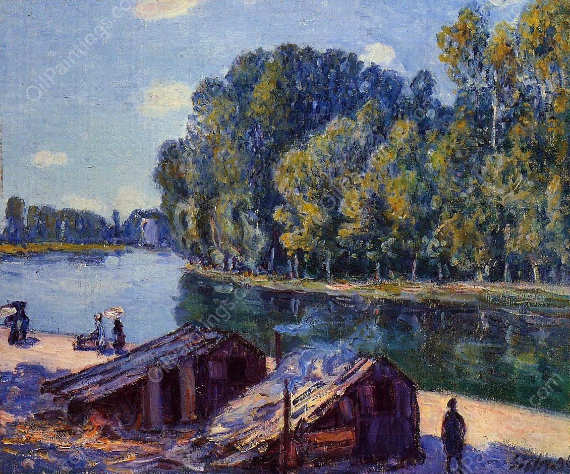 Cabins Along the Loing Canal, Sunlight Effect by Alfred Sisley - Hand-Painted Oil Painting Reproduction
