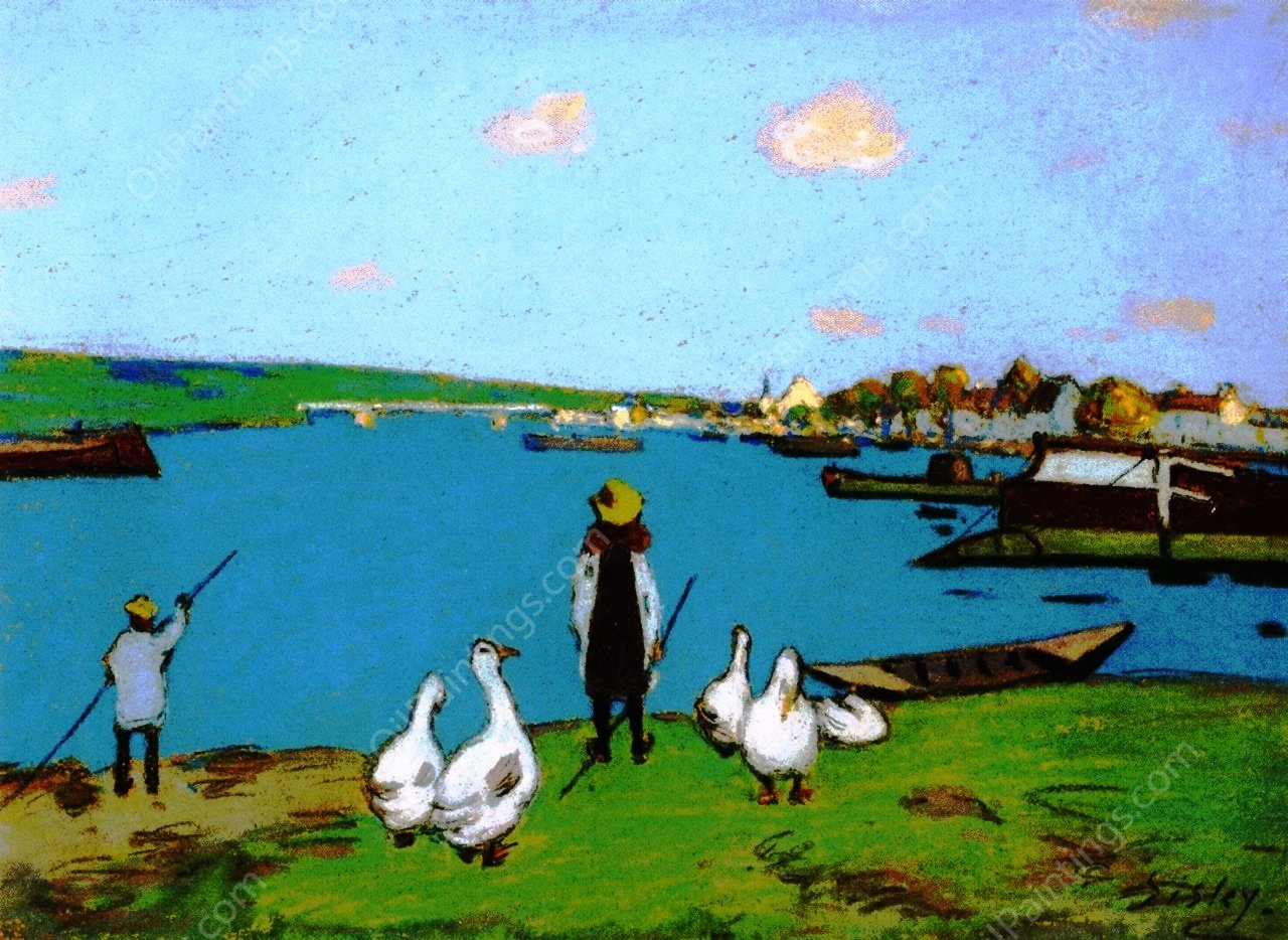 Goose Keeper along the Loing River by Alfred Sisley - Hand-Painted Oil Painting Reproduction