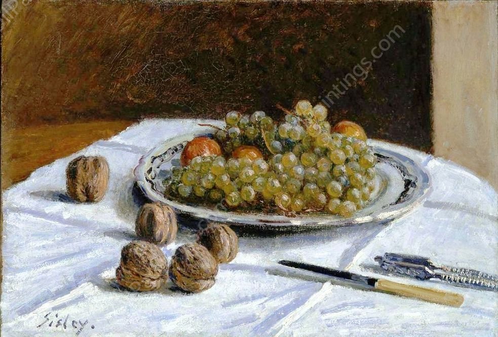Grapes and Walnuts on a Table by Alfred Sisley - Hand-Painted Oil Painting Reproduction