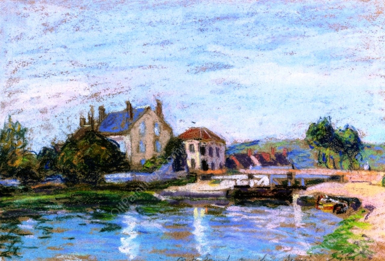 Houses by the Lock at La Gazonne by Alfred Sisley - Hand-Painted Oil Painting Reproduction