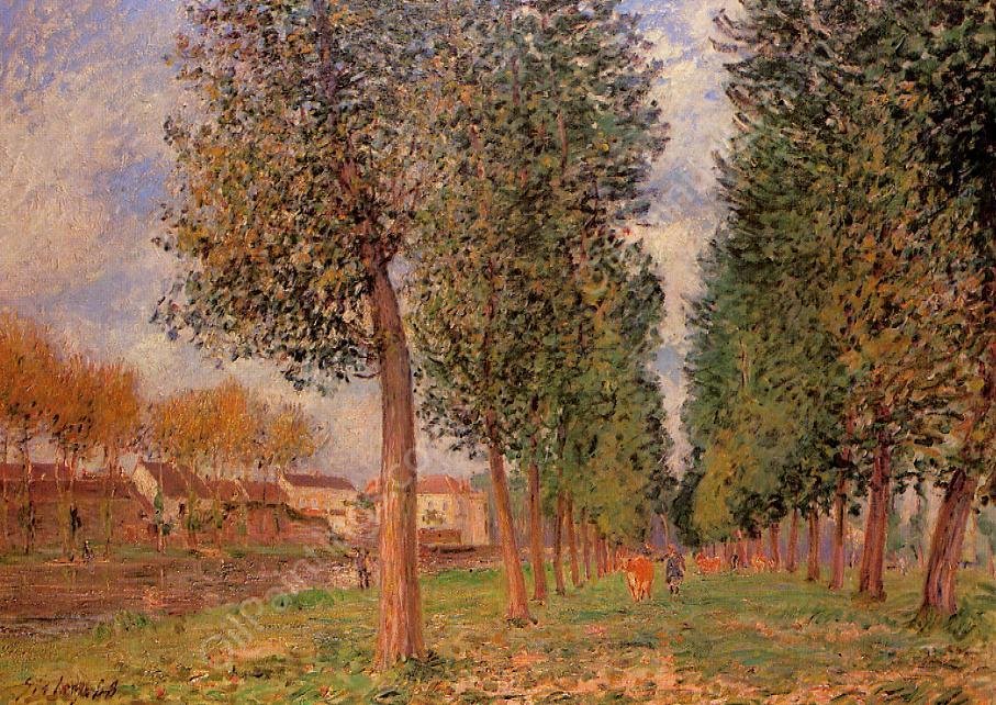 The Poplar Avenue at Moret, Cloudy Day, Morning by Alfred Sisley - Hand-Painted Oil Painting Reproduction