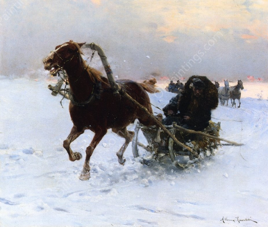 Sledding Caravan by Alfred Von Kowalski-Wierusz - Hand-Painted Oil Painting Reproduction