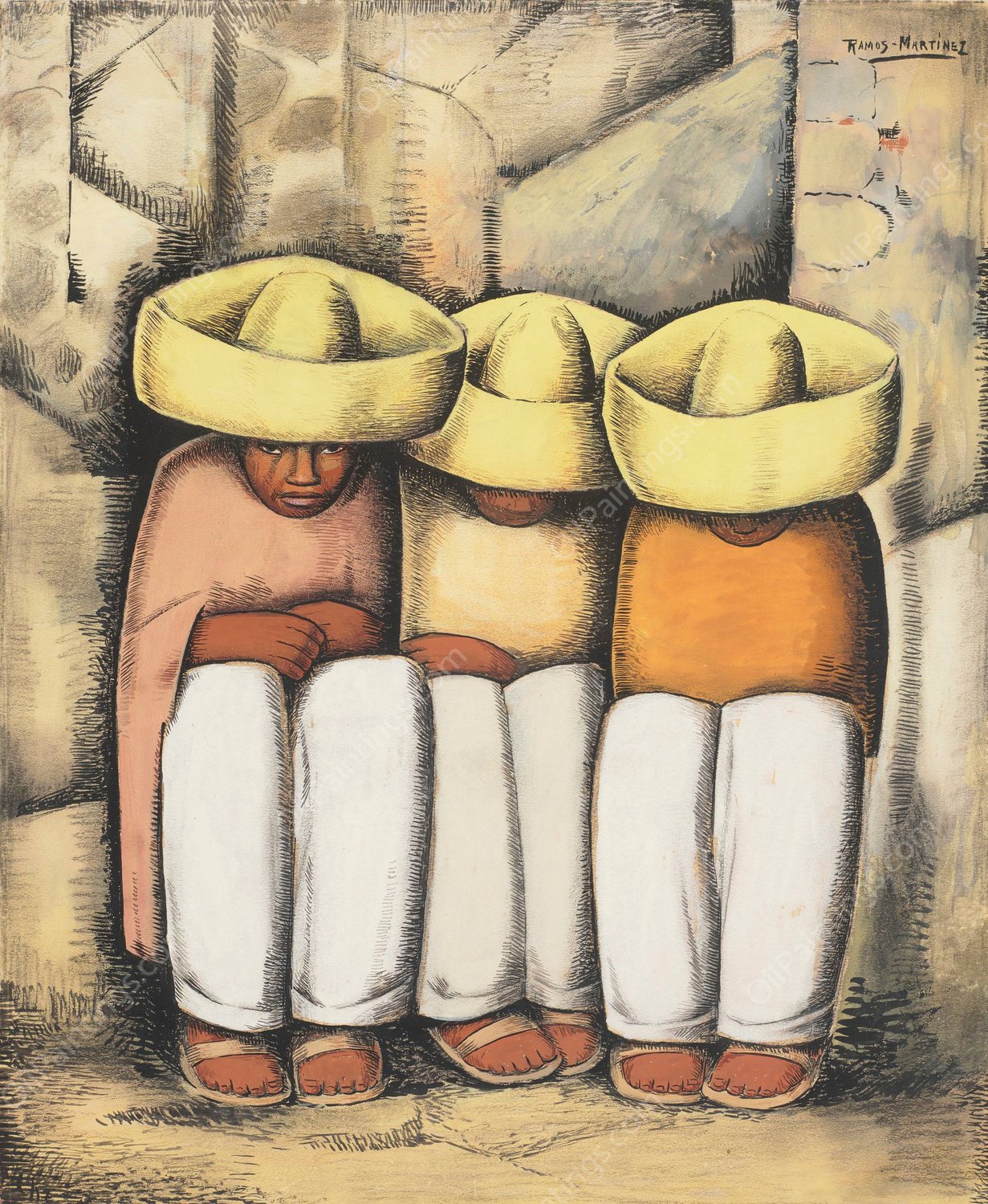 Indios en reposo  by Alfredo Ramos Martinez - Hand-Painted Oil Painting Reproduction