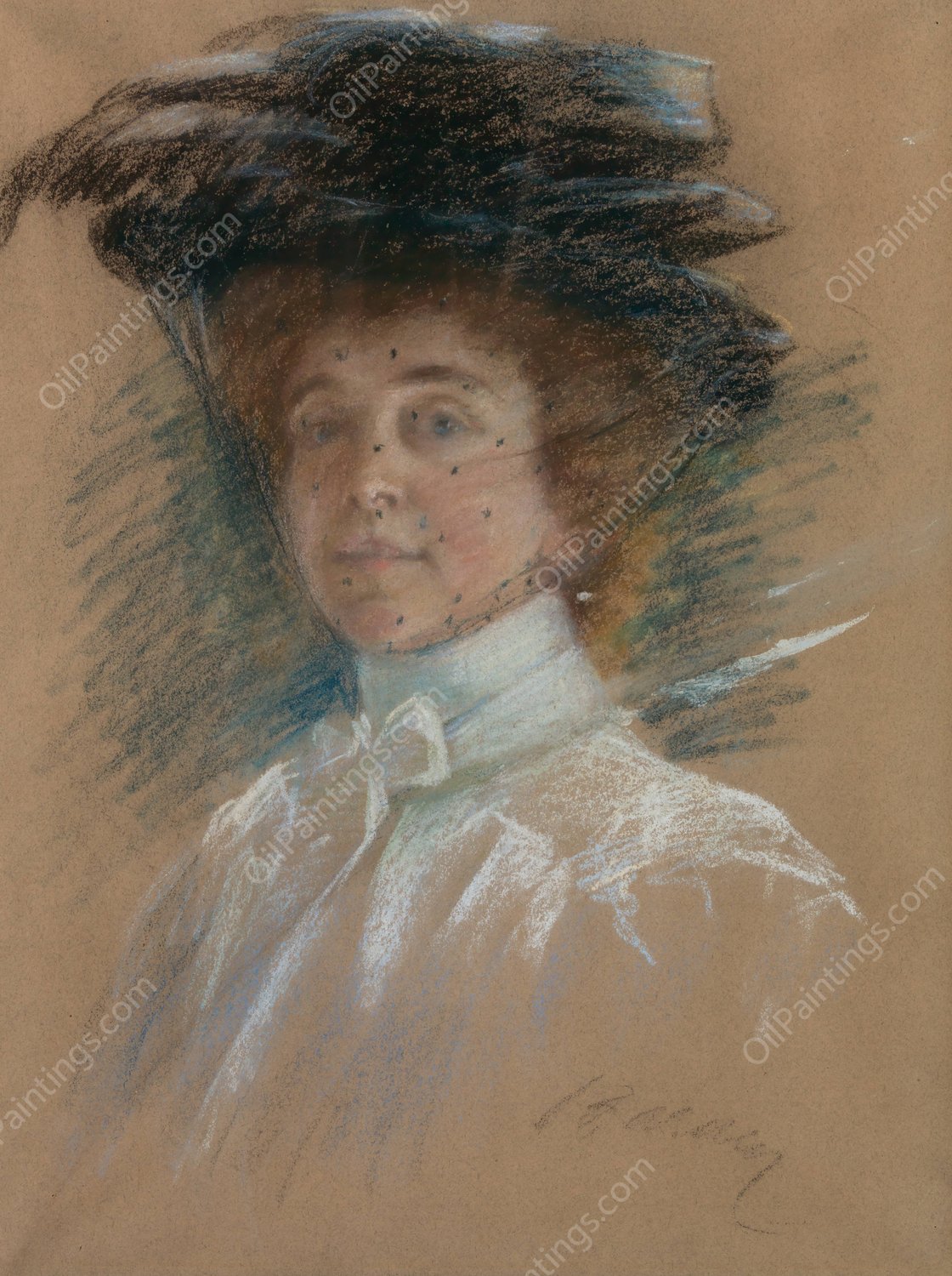 Self Portrait with Hat and Veil  by Alice Pike Barney - Hand-Painted Oil Painting Reproduction