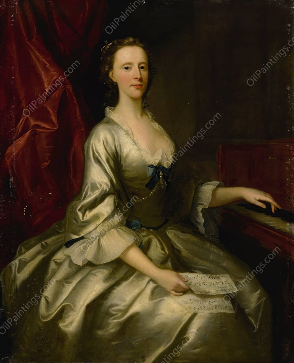 Portrait Of A Lady, Three-Quarter Length, Seated At A Harpsichord, Holding A Sheet Of Music by Allan Ramsay - Hand-Painted Oil Painting Reproduction