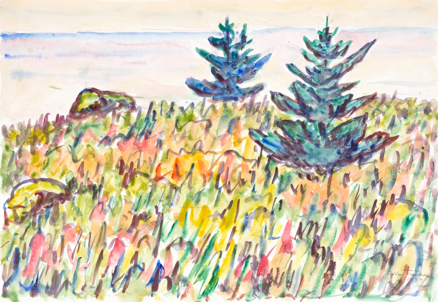 Watercolor No. 35, Field With Two Pine Trees  by Allen Tucker - Hand-Painted Oil Painting Reproduction